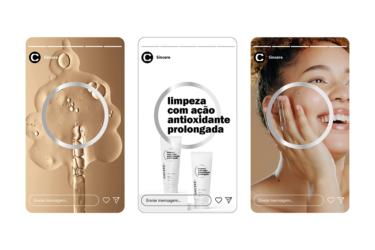 Identidade visual para comunicação digital da marca SINCERE. Projeto assinado por ENTRE Design.
