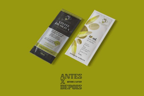 Antes e Depois do design da embalagem apresentando um design clean para sachê de 10ml do Azeite Domenico, apresentando ilustrações botânicas fluidas de folhas de oliveira sobre fundo branco, transmitindo saúde e pureza.