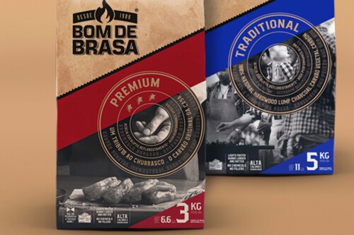 Redesign of the paper packaging for Bom de Brasa charcoal, featuring strong graphics and typography optimized for the export market. Packaging design project by ENTRE Design.