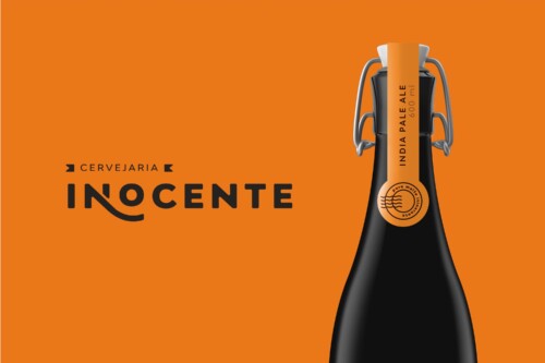 Sistema de identidade visual para a Cervejaria Inocente, exibindo a aplicação da marca em materiais promocionais e embalagens com foco em clareza visual e impacto gráfico.