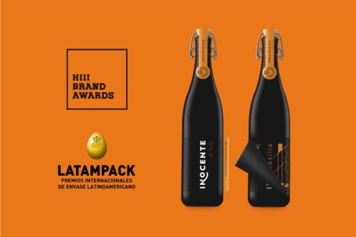 Brand identity system for Inocente Brewery, showing the application of the logo on promotional materials and packaging with a focus on visual clarity and graphic impact.