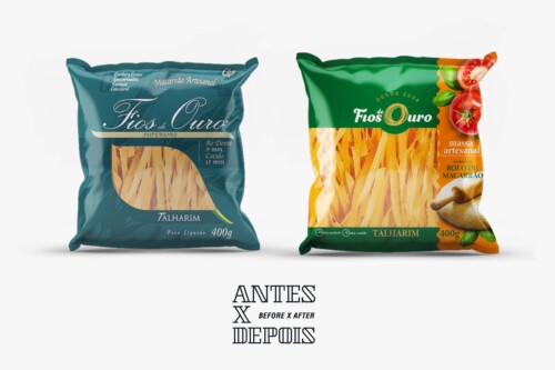 Front packaging design for Fios de Ouro artisanal pasta, designed by ENTRE. The layout features graphic elements reflecting the tradition of hand-kneaded dough, tailored for the premium food market.