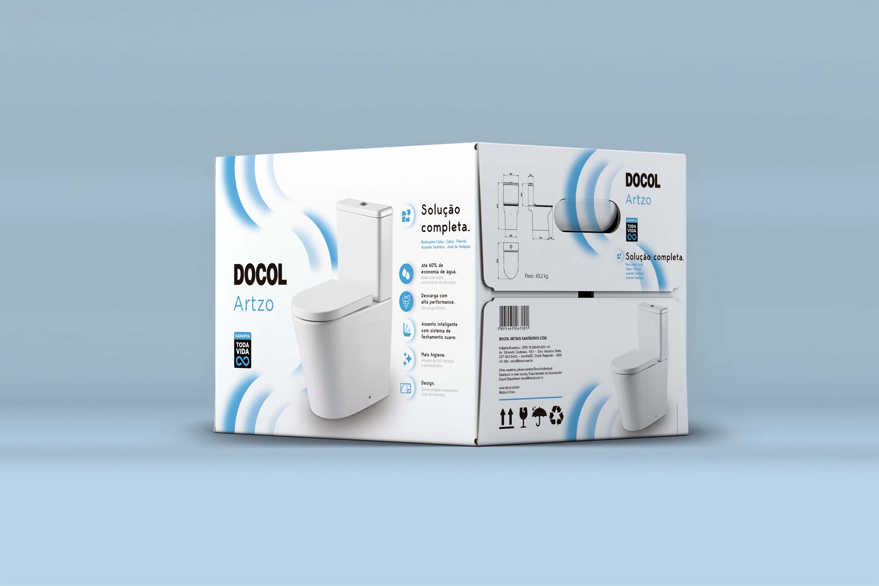 Design de embalagem para a linha de louças sanitárias da Docol, destacando a segurança estrutural e a identidade visual de reposicionamento da marca. Design assinado por ENTRE Design.