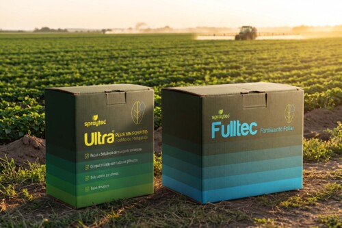 Design de embalagem para o produto agrícola Fulltec da Spraytec, destacando uma identidade visual robusta e estratégica, otimizada para o mercado B2B de exportação na América do Norte e América Latina.